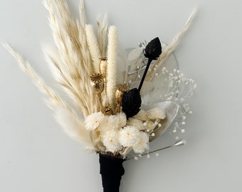 Black and White, Gold + Silver Dried Flower Boutonniere/ Wedding Flowers/ Groom and Groomsmen