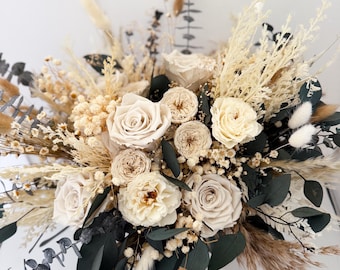 Dried Flower Wedding Bouquet, Boho Cream Roses, Baby’s Breath & Eucalyptus, Preserved Wedding Flowers, Forever Keepsake Bouquet