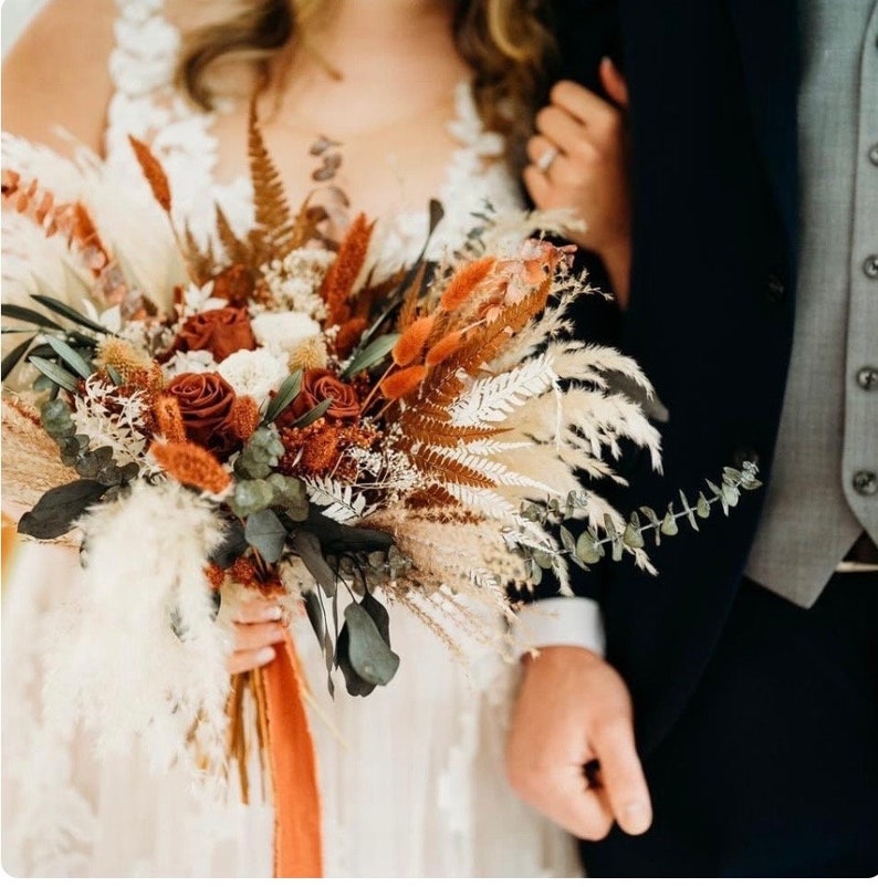 Rust, Terracotta Olive Dried Flower Pampas Grass Bouquet/ Bride and Bridesmaids/ Dried Flower Bouquet/ Wedding Flowers image 4