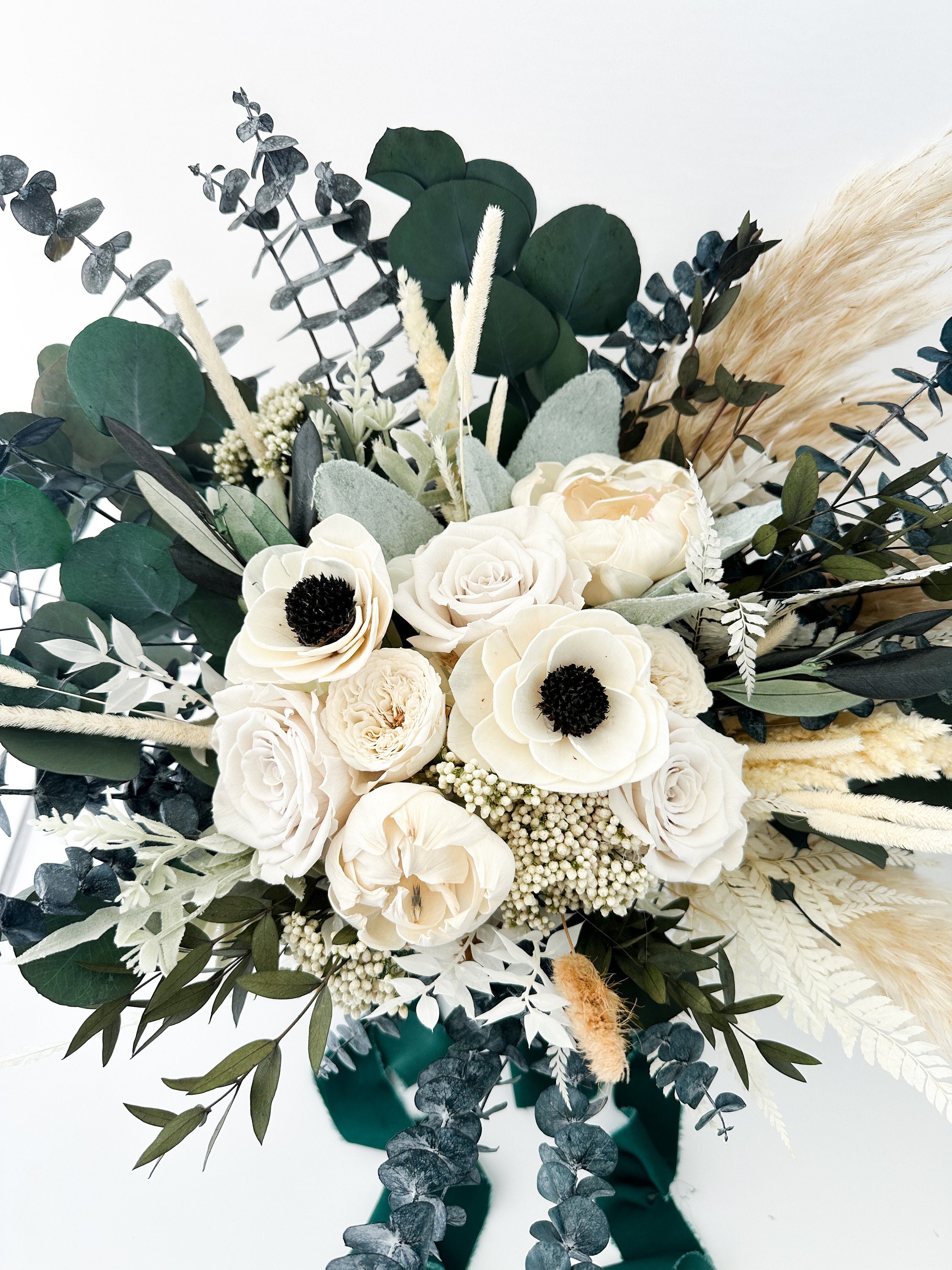 Black and White Anemone + Peony Dried Floral Bouquet/ Bride and