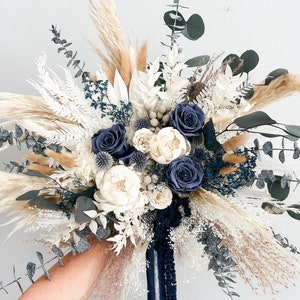 Navy, Dusty Blue Roses + White Peony Pampas Grass Bouquet/ Bride and Bridesmaids/ Dried Flower Bouquet/ Wedding Flowers