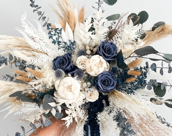 Navy, Dusty Blue Roses + White Peony Pampas Grass Bouquet/ Bride and Bridesmaids/ Dried Flower Bouquet/ Wedding Flowers