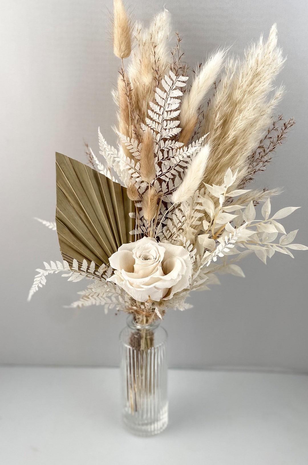 Mini White Rose + Pampas Grass Bud Vase Arrangement, Wedding Flowers