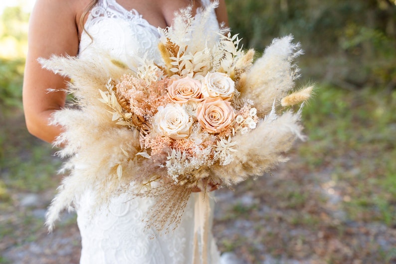 Toffee , Peach Blush Rose Bouquet/ Bride and Bridesmaids/ Dried Flower Bouquet/ Wedding Flowers image 6