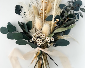 White and Green Pampas Grass and Eucalyptus Small Bouquet/ Dried Flower Bouquet/ Wedding Flowers/ Home Decor
