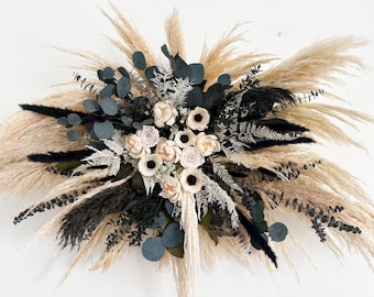 Black, White, Greenery Peony and Anemone Pheasant Feathers Pampas Grass Arch Wall Decor, Backdrop, Dried Flowers, Arbor