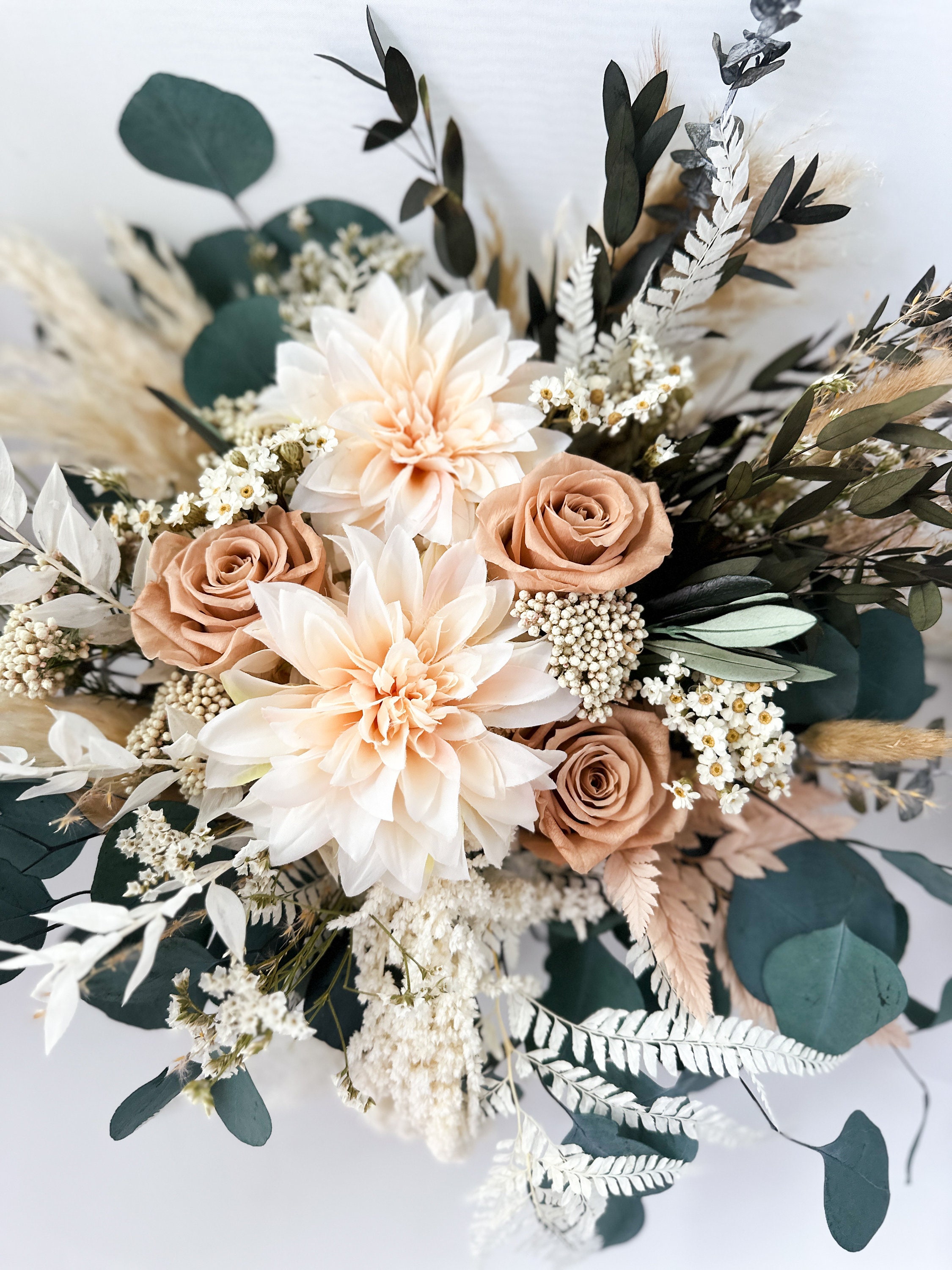 Blush Dahlia, Nude Rose + Greenery Dried Floral Bouquet With Silk