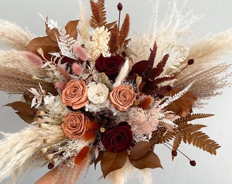 Desert Rose, Terracotta + Burgundy Pampas Grass Bouquet/ Bride and Bridesmaids/ Dried Flower Bouquet/ Wedding Flowers