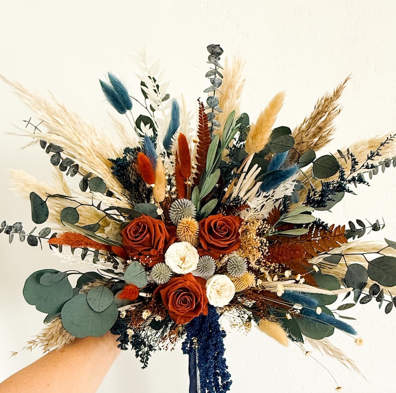 Rust Cola Red Roses Dried Flower Bouquet: Terracotta,rust + Navy Dried Flower Pampas Grass ...