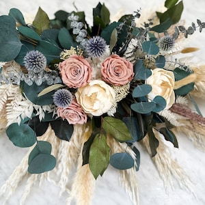 Dusty Rose, Dusty Blue + Eucalyptus Sweetheart Table Centerpiece