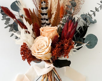 Small Rust, Peach, Blush + Pheasant Feather Pampas Grass Bouquet/ Bride and Bridesmaids/ Dried Flower Bouquet/ Wedding Flowers