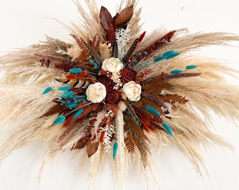 Rust, Terracotta, Teal Turquoise Pheasant Feathers Pampas Grass Arch Wall Decor, Backdrop, Dried Flowers, Arbor