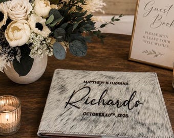 Genuine Cowhide Personalized Wedding Guest Book | Laser Engraved Hair on Hide Rustic Western Wedding Decor