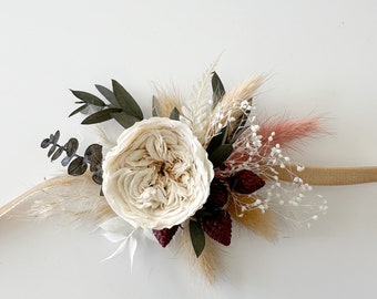 Cream, Dusty Rose, Burgundy + Greenery  Corsage/ Wedding Flowers/ Dried Flowers