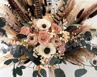 Dried Flower Bouquet: Dusty Rose, Mocha, Anemone and Pheasant Feather Dried Floral Bouquet/ Bride and Bridesmaids/ Wedding Flowers/ Keepsake