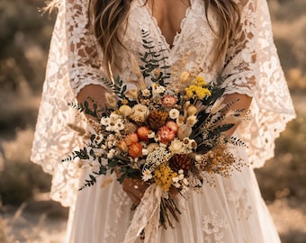 Dried Meadow Bouquet: Yellow, Terracotta, Burnt Orange Wildflowers, Wedding Flowers/Keepsake Wedding Bouquet That Lasts Forever