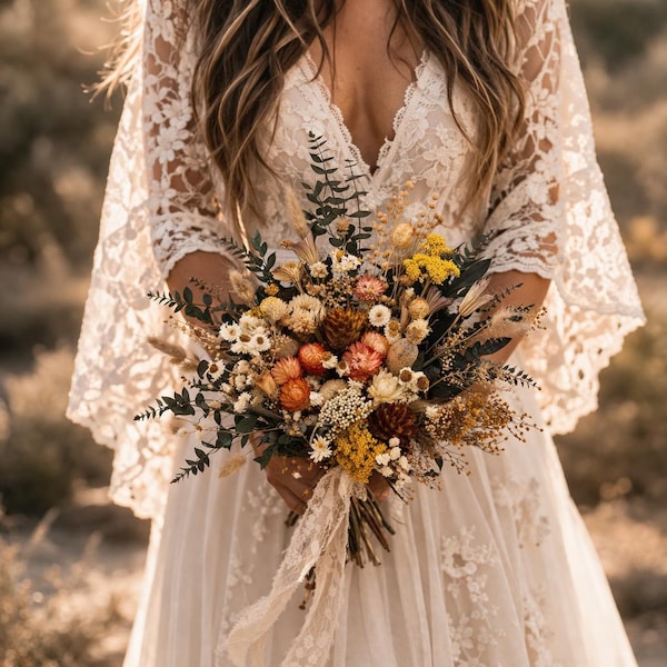 Dried Meadow Bouquet: Yellow, Terracotta, Burnt Orange Wildflowers, Wedding Flowers/Keepsake Wedding Bouquet That Lasts Forever