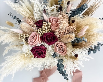 Dusty Rose, Blush + Berry Pampas Grass Bridal Bouquet/ Bride and Bridesmaids/ Dried Flower Bouquet/ Wedding Flowers