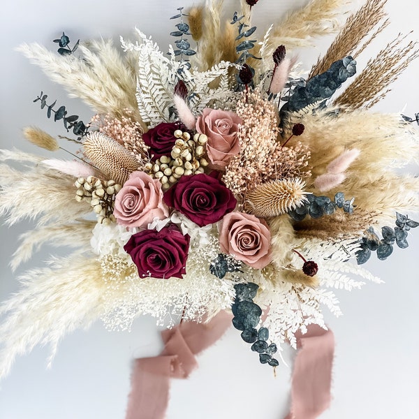 Dusty Rose, Blush + Berry Pampas Grass Bridal Bouquet/ Bride and Bridesmaids/ Dried Flower Bouquet/ Wedding Flowers