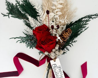 Order by 12/16 to receive by Christmas. Red + White Small Holiday Bouquet/ Bride and Bridesmaids/ Dried Flower Bouquet/ Wedding Flowers