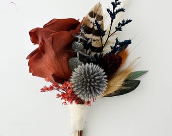 Rust rose, pheasant feather, dusty blue + greenery Boutonniere/ Wedding Flowers/ Groom and Groomsmen/ Dried Flowers