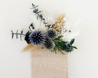 Dusty Blue + Greenery Dried Flower Pocket Boutonniere/ Wedding Flowers/ Groom and Groomsmen/ Dried Flowers