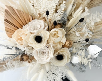 Black + White, Gold + Silver Anemone Dried Floral Bouquet/ Bride and Bridesmaids/ Dried Flower Bouquet/ Wedding Flowers