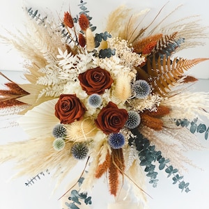 Rust and Dusty Blue Bouquet/ Bride and Bridesmaids/ Dried Flower Bouquet/ Wedding Flowers