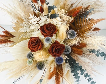 Rust and Dusty Blue Bouquet/ Bride and Bridesmaids/ Dried Flower Bouquet/ Wedding Flowers