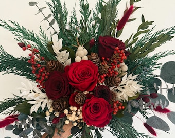 Winter Berry, Rose, Cedar Bouquet/ Bride and Bridesmaids/ Dried Flower Bouquet/ Wedding Flowers