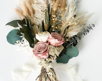 Peony + Dusty Rose Small Dried Floral Bouquet/ Bride and Bridesmaids/ Dried Flower Bouquet/ Wedding Flowers