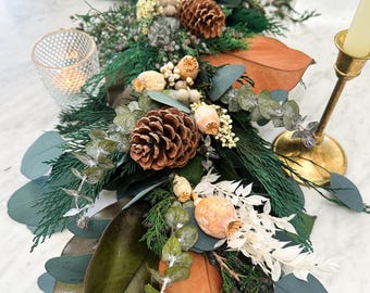Cedar, Juniper and Dried Floral Garland/ Christmas centerpiece/ Mantle Garland/ Table Garland/