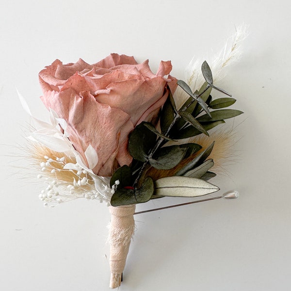 Dusty Rose and Eucalyptus Boutonniere/ Wedding Flowers/ Groom and Groomsmen