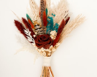 Mini Rust, Teal Turquoise, Pheasant Feather,  + Pampas Grass Bouquet, Wedding Flowers, Home decor, Dried Flowers