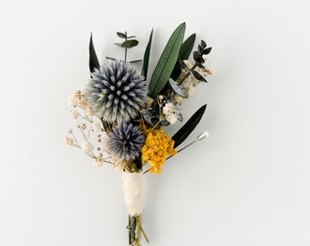 Dusty Blue and Mustard Boutonniere/ Wedding Flowers/ Groom and Groomsmen