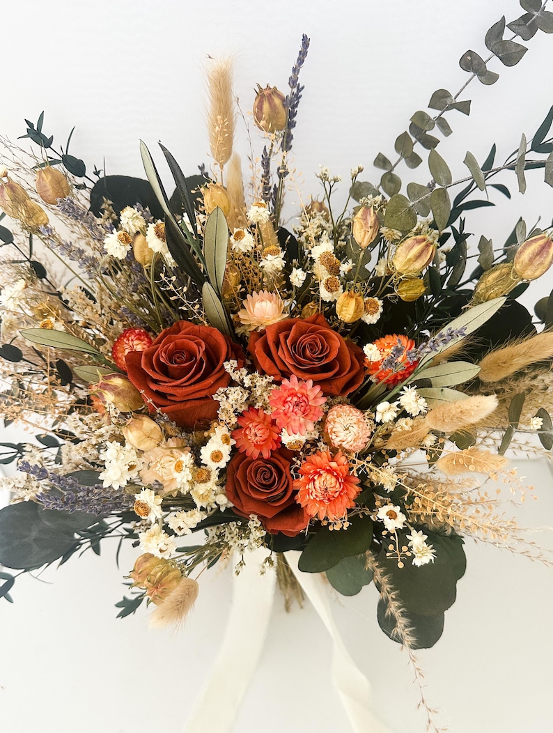 Rust Cola Red Roses Rust Rose Wildflower Bouquet/ Bride and Bridesmaids/ Dried Flower ...
