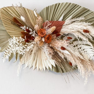 Rust colored pampas and palm wall decor, wedding arch decor, backdrop decor, Arbor