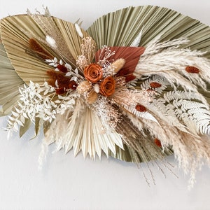 Rust colored pampas and palm wall decor, wedding arch decor, backdrop decor