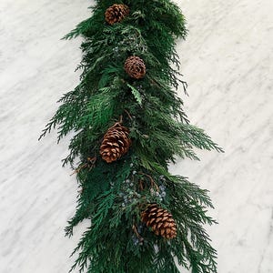 May include: A green garland with brown pine cones. The garland is made of cedar and has a natural, rustic look.