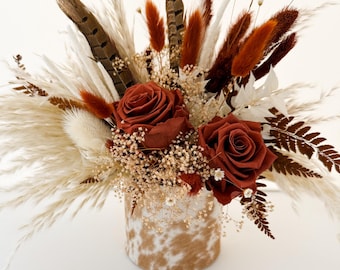 Hair on Hide Cowhide Vase with Dried and Preserved Flowers, Western Wedding, Western Home Decor,  Farmhouse Table Centerpiece