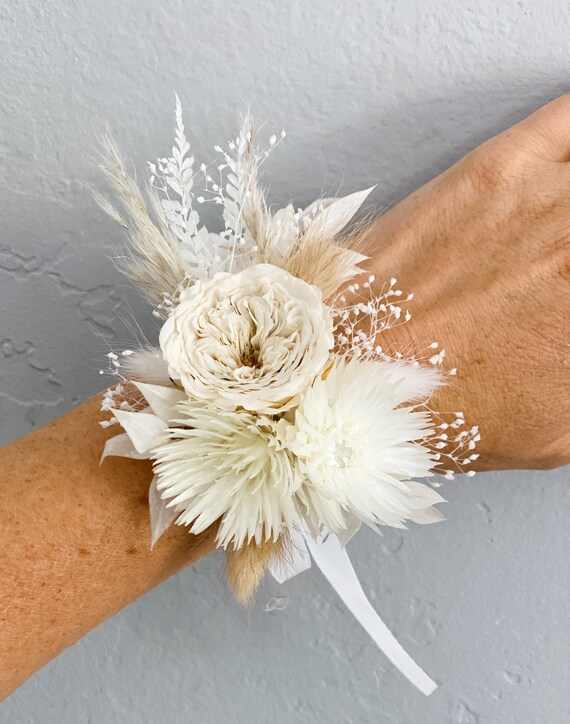 White Garden Rose Dried Floral Corsage Etsy