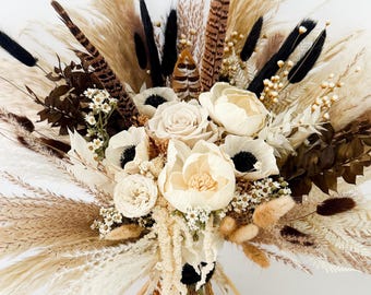 Dried Flower Bouquet: Black and White, Mocha Pheasant Feather/ Bride and Bridesmaids/ Keepsake Wedding Bouquet