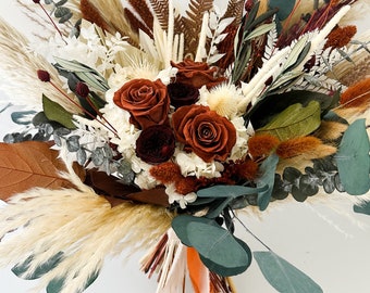 Rust, Terracotta + Burgundy Dried Flower Pampas Grass Bouquet/ Bride and Bridesmaids/ Dried Flower Bouquet/ Wedding Flowers