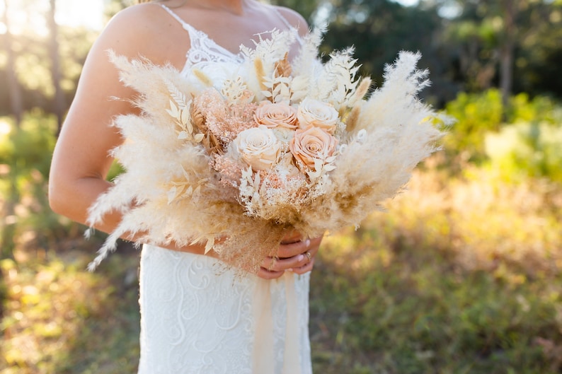 Toffee , Peach Blush Rose Bouquet/ Bride and Bridesmaids/ Dried Flower Bouquet/ Wedding Flowers image 5