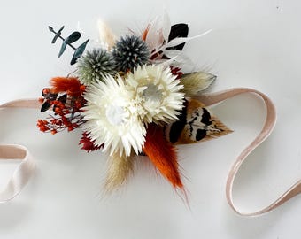 Rust, Terracotta, + Dusty Blue Strawflower Corsage/ Wedding Flowers/ Dried Flowers