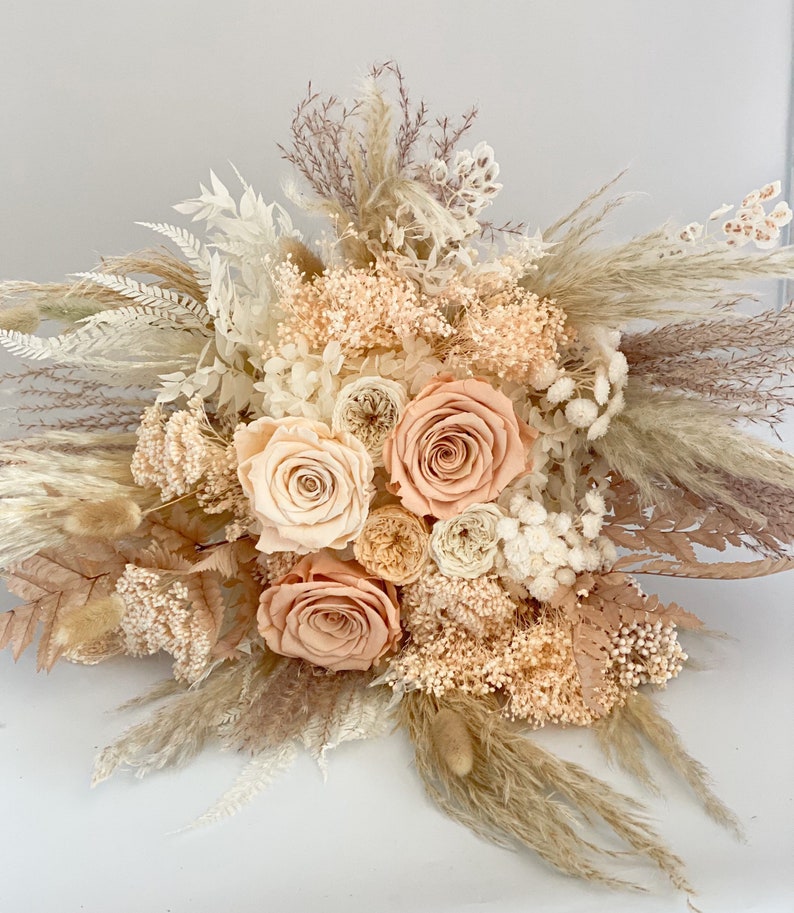 Toffee , Peach Blush Rose Bouquet/ Bride and Bridesmaids/ Dried Flower Bouquet/ Wedding Flowers image 3