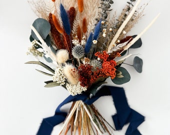 Navy, Terracotta + Dusty Blue Small Dried Floral Bouquet/ Bride and Bridesmaids/ Dried Flower Bouquet/ Wedding Flowers