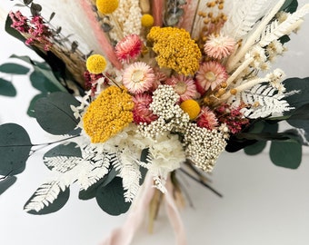 Blush + Yellow Wildflower Bouquet/ Bride and Bridesmaids/ Dried Flower Bouquet/ Wedding Flowers