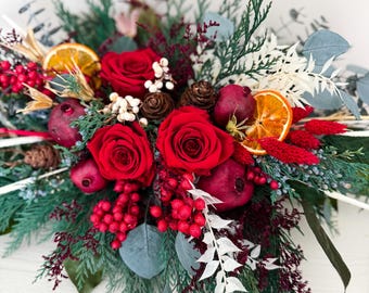 Order by 12/16 to receive by Christmas. Everlasting Cedar, Juniper + Red Rose Holiday Centerpiece/ Christmas/ Decorating