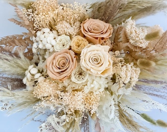 Toffee , Peach + Blush Rose Bouquet/ Bride and Bridesmaids/ Dried Flower Bouquet/ Wedding Flowers